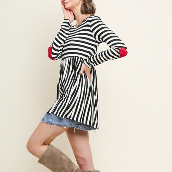 Tops - Black&White stripe babydoll  w/ heart elbow patch